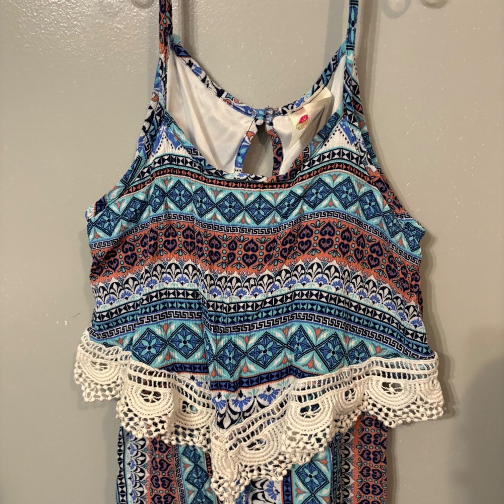 Kiddo by Katie Sleeveless Romper Blue Brown Aztec Print Crochet Trim (Girls 12)